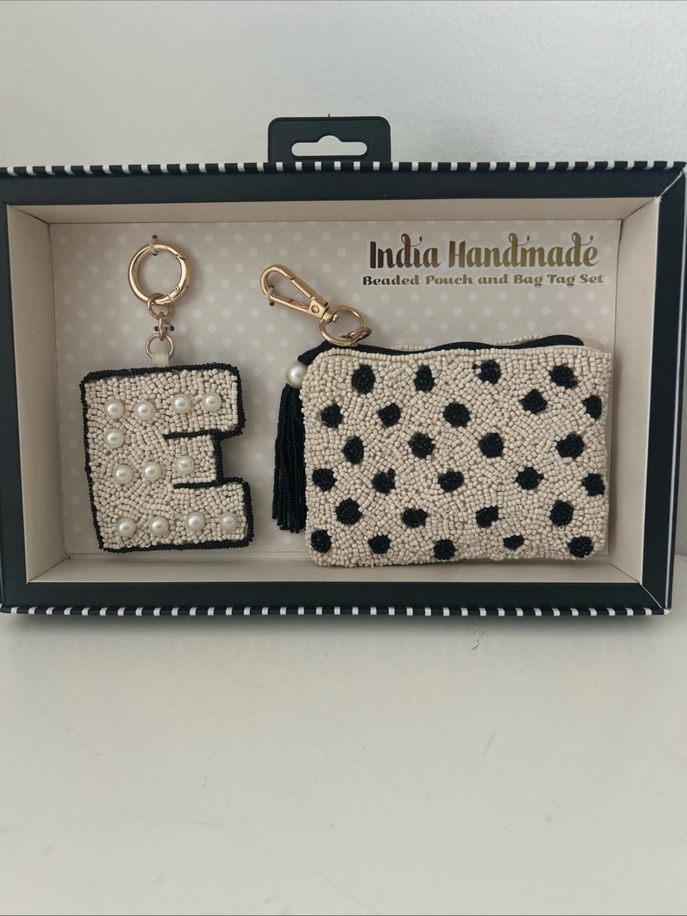 Black & Cream Beaded Pouch and Bag Tag Set